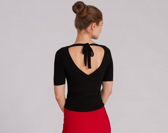 ANGEL Top with Sleeves with Bow in Black, Tango Top, Dance Top, Top with Open Back, Elegant Top with Sleeves