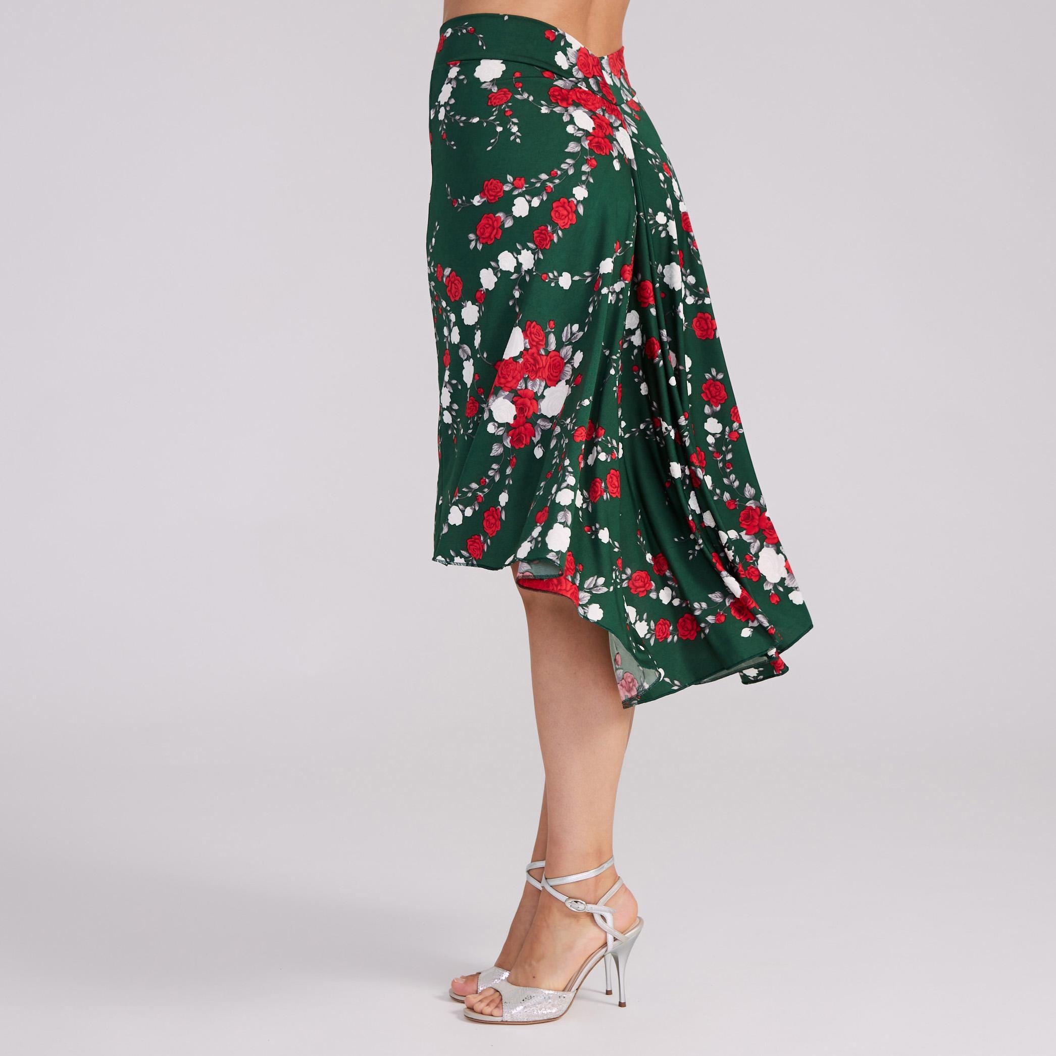 エレガントなローズプリントのアルゼンチンタンゴスカート - スリット