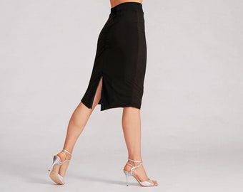 CLARA Tango Skirt in Black with Back Slit, Ruched Dance Skirt, Draped Skirt, Fitted Stretch Skirt with Back Slit