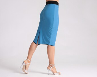Hawaiian Ocean Blue Tango Skirt CLARA in Reversible Design, Dance Skirt, Slit Skirt, Pencil Skirt, Sky Blue Skirt