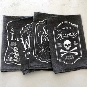 Halloween Kitchen Towels – Set of 4 Scary Vintage Designs – Octopus Ink, Witch's Brew, Arsenic and Spider Venom