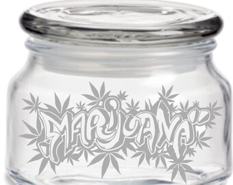 Lange marihuana omringd door verlaat Stash jar, wiet pot, onkruid container, maryjane, onkruid, marihuana jar, marihuana container, aangepaste marihuana pot,