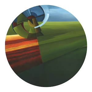 May include: Abstract artwork in a circular shape. The image depicts a landscape with geometric forms and blocks of colour. The colour scheme includes greens, reds, yellows, blues, and browns. The painting has a contemporary, artistic aesthetic.