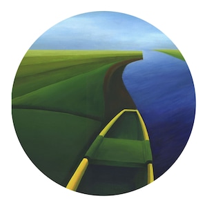 May include: A circular painting showing a green and yellow boat on a blue river, with green fields on the left and a light blue sky. The artwork has a minimalist style, with smooth colour gradients and a sense of calm.