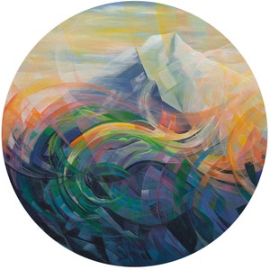 May include: Circular abstract painting of a mountain and water scene. The artwork uses blues, greens, oranges, and yellows. The style incorporates geometric shapes and flowing lines to depict the landscape.