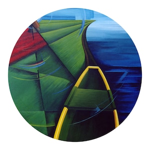 May include: Abstract painting of a boat on the water. The boat is green with yellow trim, and the water is a deep blue. The painting also features a green and red landscape with a blue sky.