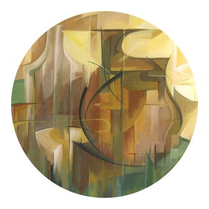 Op de afbeelding: Abstract schilderij in een cirkelvormig formaat. Het kunstwerk heeft een warm kleurenpalet van bruin, geel en groen. Geometrische vormen en gebogen lijnen creëren een gevoel van diepte en beweging. Het schilderij heeft een moderne, artistieke stijl.