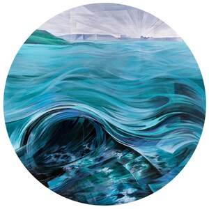 May include: Circular abstract painting of ocean waves in teal and blue hues. The artwork shows a wave breaking, with a distant shoreline and sky. The style is reminiscent of brushstrokes, creating a dynamic and fluid image.