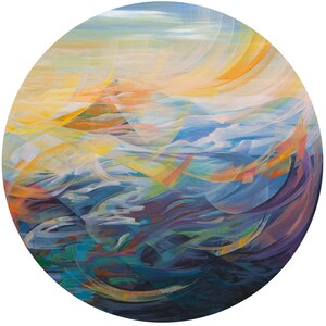 May include: Circular abstract painting with a vibrant colour palette. The artwork features a blend of blues, yellows, oranges, and greens, creating a dynamic and flowing composition. The brushstrokes suggest a landscape with sky and water.