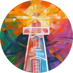 May include: Abstract painting of a white lighthouse with a geometric design. The lighthouse has two windows and a door. The background features a burst of orange, yellow, and purple colours, creating a vibrant and dynamic composition.