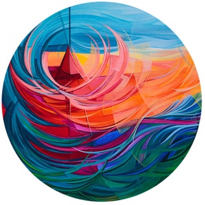 Op de afbeelding: Abstract cirkelvormig schilderij met een levendig kleurenpalet. Het kunstwerk toont een centrale rode geometrische vorm, omringd door wervelende lijnen van roze, blauw, oranje en groen, die een gevoel van beweging en energie oproepen. De achtergrond gaat over van blauw naar oranje.