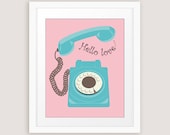 Retro telephone art vintage rotary dial phone romantic print in pink and aqua with Hello Love text Printable wall art INSTANT DOWNLOAD