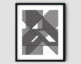 Black & white striped abstract art. Geometric print with black woven ribbon bands. Scandinavian style monochrome line art. INSTANT DOWNLOAD
