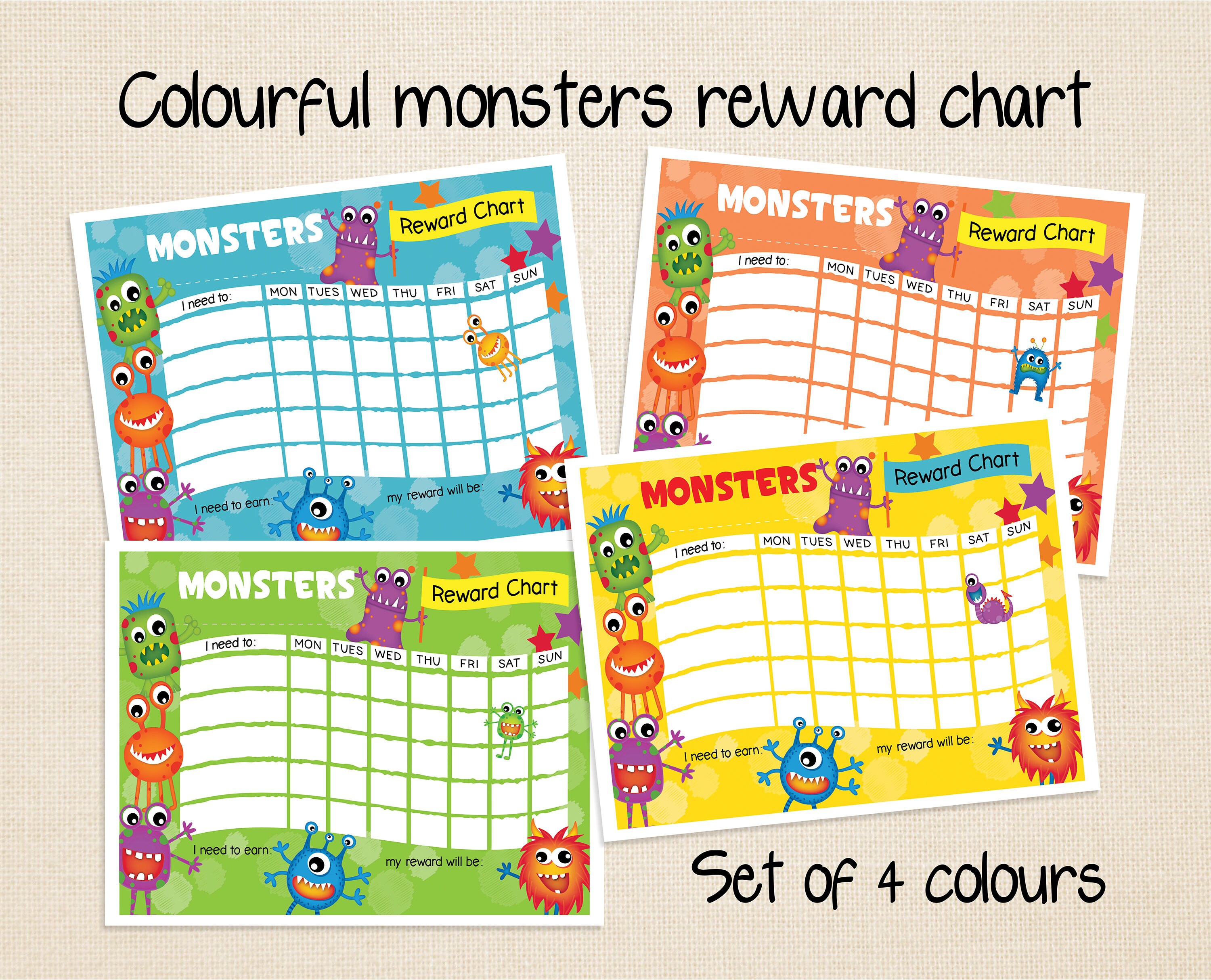 Colourful monsters reward chart in 4 colours. Children's | Etsy