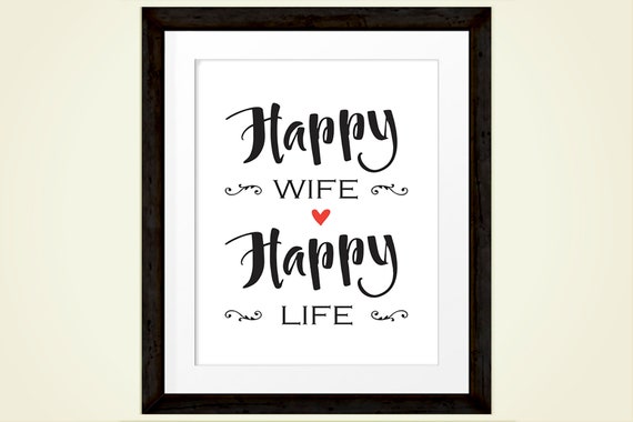 Happy Wife Happy Life Popular Quote Marriage Advice Text Wall Art Print In Black And White With Red Heart Instant Download