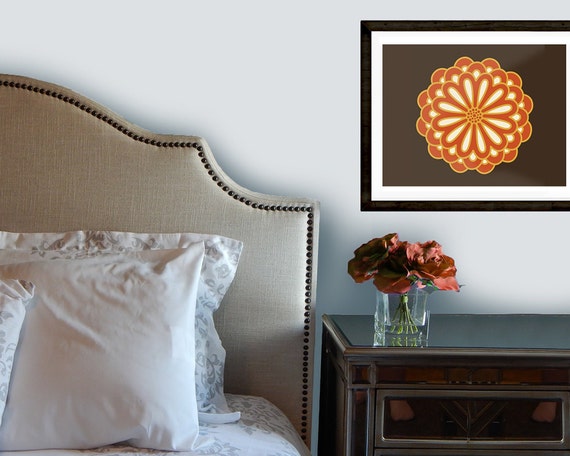 Oriental Print Modern Flower Art Eastern Style Art Design In Orange Gold And Dark Brown Living Room Dining Room Art Instant Download