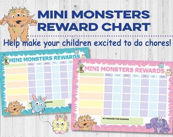 Mini monsters children's reward chart for chores done. Cute cartoon design teaching aid. Set of 2 Pink and Blue. printable INSTANT DOWNLOAD