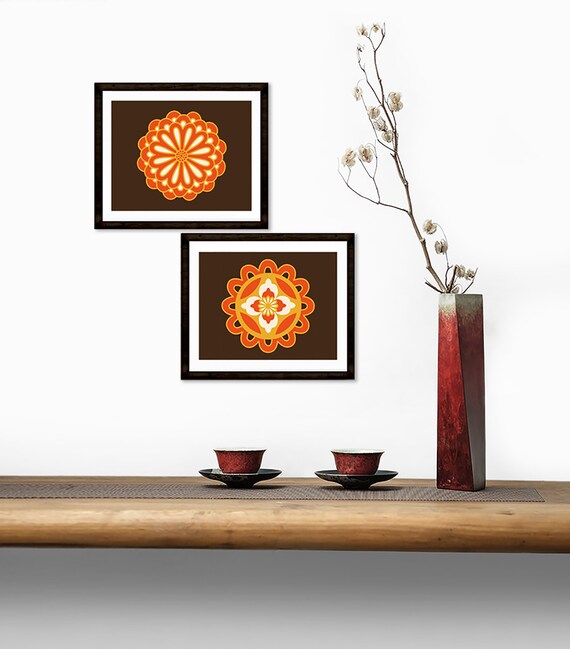 Oriental Print Modern Flower Art Eastern Style Art Design In Orange Gold And Dark Brown Living Room Dining Room Art Instant Download