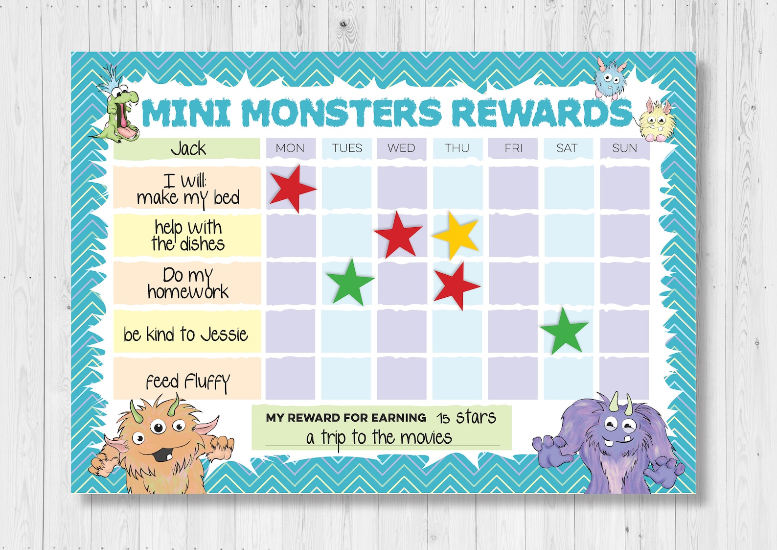 Mini monsters children's reward chart for chores done. | Etsy