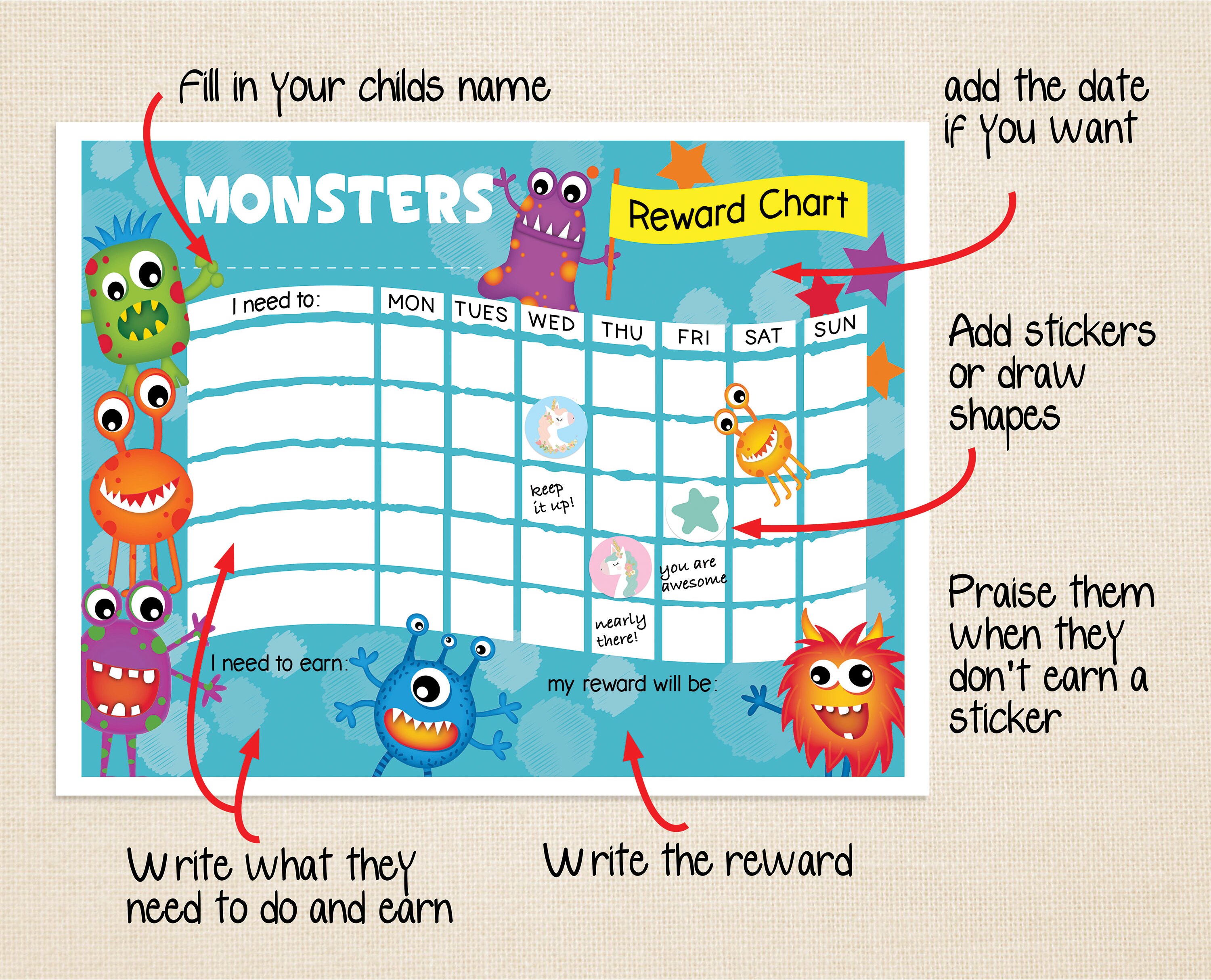 Colourful monsters reward chart in 4 colours. Children's | Etsy