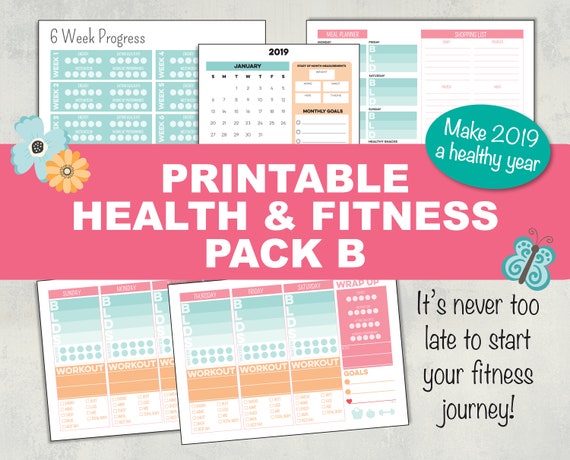 Fitness Planner Printable Pdf Pack B Organiser With Calendar Weight Loss Exercise Journal Meal Planner In Aqua Orange Pink Instant Download
