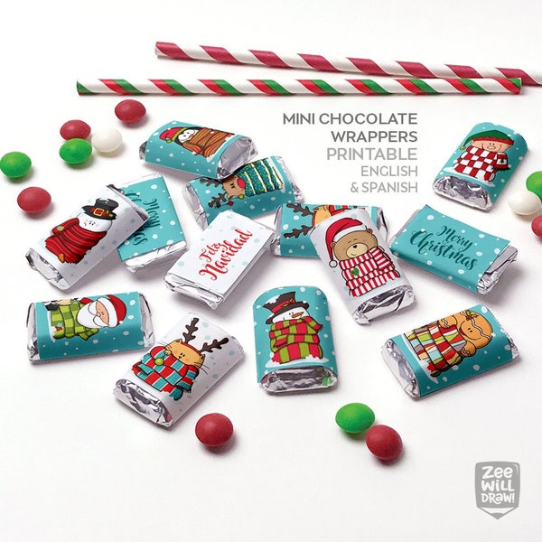 Christmas mini candy bar wrappers, bar wrappers, chocolate bar wrappers, chocolate, Santa, Snowman, Elf, printable, Instant download
