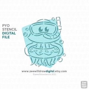 May include: A digital file for a stencil of a cartoon jellyfish wearing a scuba mask and snorkel. The jellyfish is blue and has a light blue background. The text "www.zeewilldrawdigital.etsy.com" is at the bottom of the image.