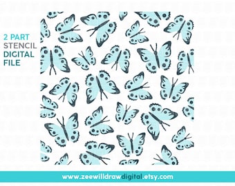 Könnte beinhalten: Eine digitale Datei für eine zweiteilige Schablone mit einem sich wiederholenden Muster aus hellblauen Schmetterlingen auf weißem Hintergrund. Der Text "www.zeewilldrawdigital.etsy.com" befindet sich am unteren Rand des Bildes.