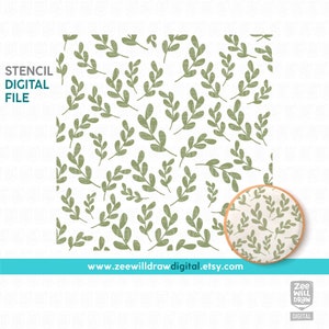 May include: A digital file for a stencil featuring a repeating pattern of green leaves on a white background. The text "STENCIL DIGITAL FILE" is in the top left corner of the image. The website address "www.zeewilldrawdigital.etsy.com" is at the bottom of the image.