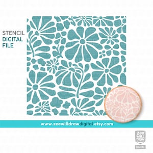 May include: A digital file for a stencil featuring a repeating pattern of teal blue stylized flowers. The stencil is shown with a cookie decorated with the same pattern.