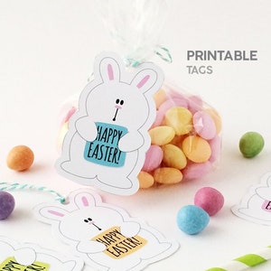May include: Printable Easter gift tags featuring a white bunny holding a blue and yellow sign that says "Happy Easter!" The tags are perfect for adding a personal touch to Easter baskets or gifts.