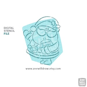 May include: A digital stencil file of a cartoon Santa Claus holding a cookie jar. The stencil is outlined in blue on a light blue background.