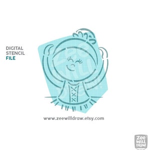 May include: A digital stencil file of a ballerina with a crown, arms raised, and a tutu. The stencil is in a light blue color.