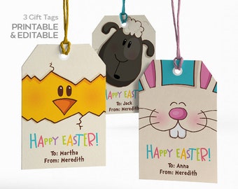 Afdrukbare paascadeaukaartjes: kuiken, schaap, konijn