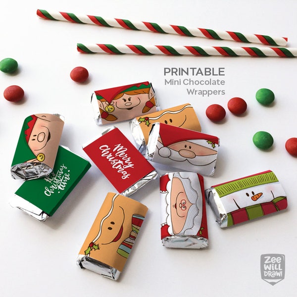 Christmas mini candy bar wrappers, bar wrappers, chocolate bar wrappers, chocolate, Santa, Snowman, Elf, printable, Instant download