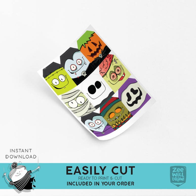 May include: A sheet of Halloween-themed stickers featuring cartoon monster faces, including a pumpkin, Frankenstein's monster, and a vampire. The text "EASILY CUT" and "INSTANT DOWNLOAD" are also visible.