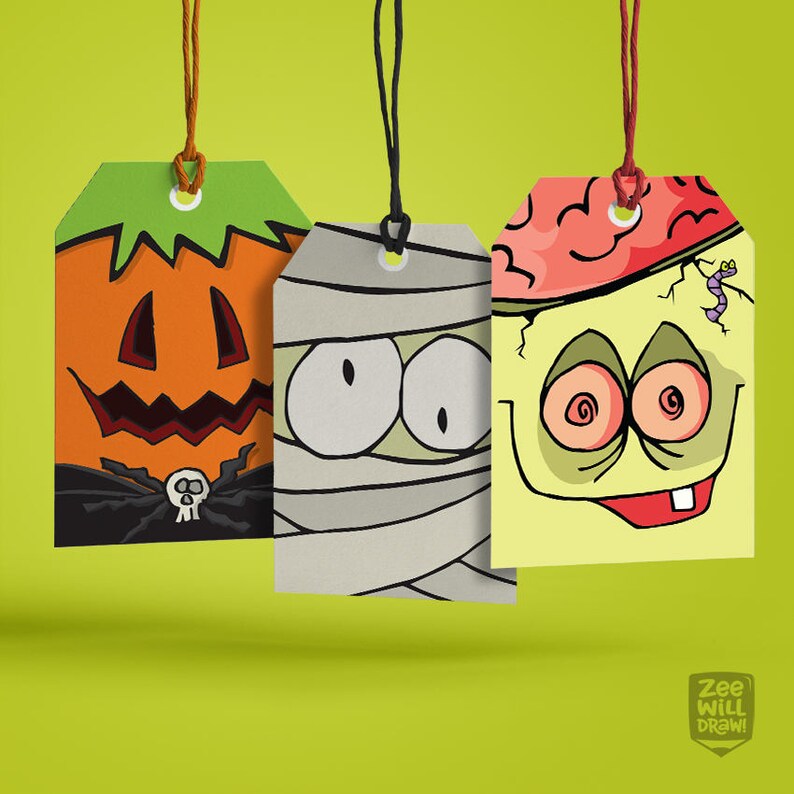 May include: Three Halloween-themed gift tags with cartoon faces: a jack-o'-lantern, a mummy, and a zombie. The jack-o'-lantern is orange with a green top and a black base with a skull. The mummy is wrapped in gray bandages. The zombie is yellow with a red brain.