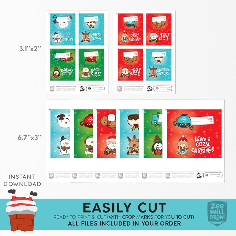 K&ouml;nnte beinhalten: Druckbare Weihnachtsgeschenkanh&auml;nger mit niedlichen Illustrationen von einem Schneemann, einem Pinguin, einem Rentier und dem Weihnachtsmann. Die Anh&auml;nger sind 3,1 Zoll mal 2 Zoll und 6,7 Zoll mal 3 Zoll gro&szlig;. Die Anh&auml;nger haben ein festliches Weihnachtsmotiv in den Farben Rot, Gr&uuml;n und Blau.