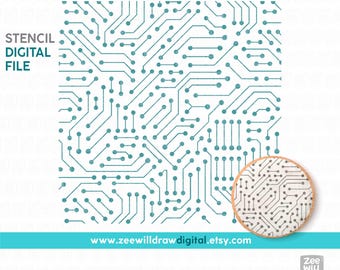 May include: A digital file for a stencil of a circuit board pattern. The pattern is made up of teal lines and circles on a white background. The text "STENCIL DIGITAL FILE" is in the upper left corner of the image. The text "www.zeewilldrawdigital.etsy.com" is at the bottom of the image.