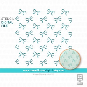 May include: A digital file for a stencil featuring a repeating pattern of teal blue bows on a white background. The stencil is shown being used to decorate a cookie with a teal blue bow pattern.