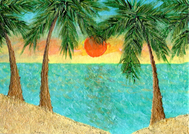 Free Shipping colorful sunset and palm trees on beach 2.5 x 3.5 miniature art card acrylic paint signed by artist ACEO Original Painting