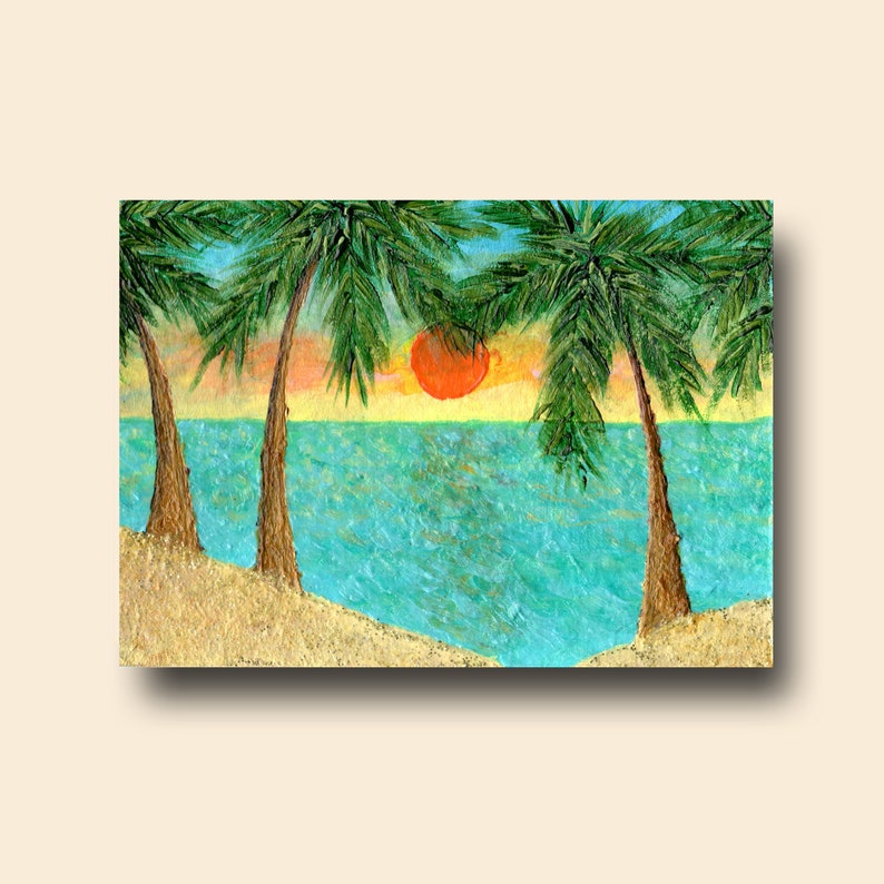Free Shipping colorful sunset and palm trees on beach 2.5 x 3.5 miniature art card acrylic paint signed by artist ACEO Original Painting