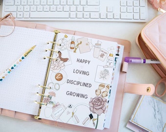 Happy Loving Disciplined Growing A5 Dashboard para planificadores de anillos, se adapta al planificador Filofax o Kikki K