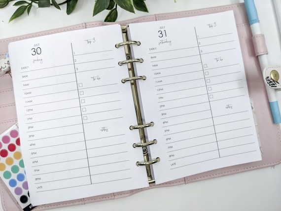 B6 Day on One Page Printed Planner Inserts Monochrome DO1P Day