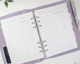 Insertos de planificador de recomendaciones A5 impresos / x 10 páginas de doble cara / Insertos de planificador impresos / Insertos de planificador a5 / Recambio de planificador