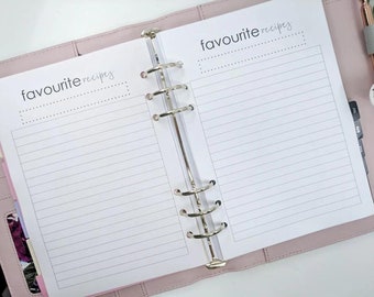 A5 Favourite recipe log planner inserts | printed planner inserts | planner refill for large Filofax, Kikki.K