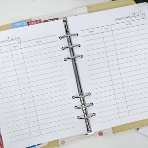 Inserciones del planificador de registros de comunicación A5 / planificador de profesores / inserciones de planificador impresas / recarga del planificador / A5 inserta una gran recarga Kikki K Filofax