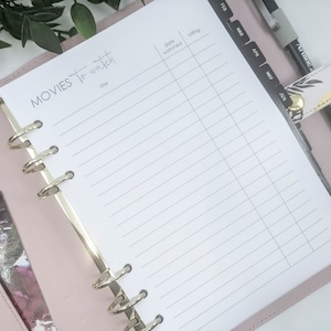 A5 Movies to Watch Printed Planner Inserts | planner lists, printed a5 planner inserts for large kikki k filofax diary planner pages