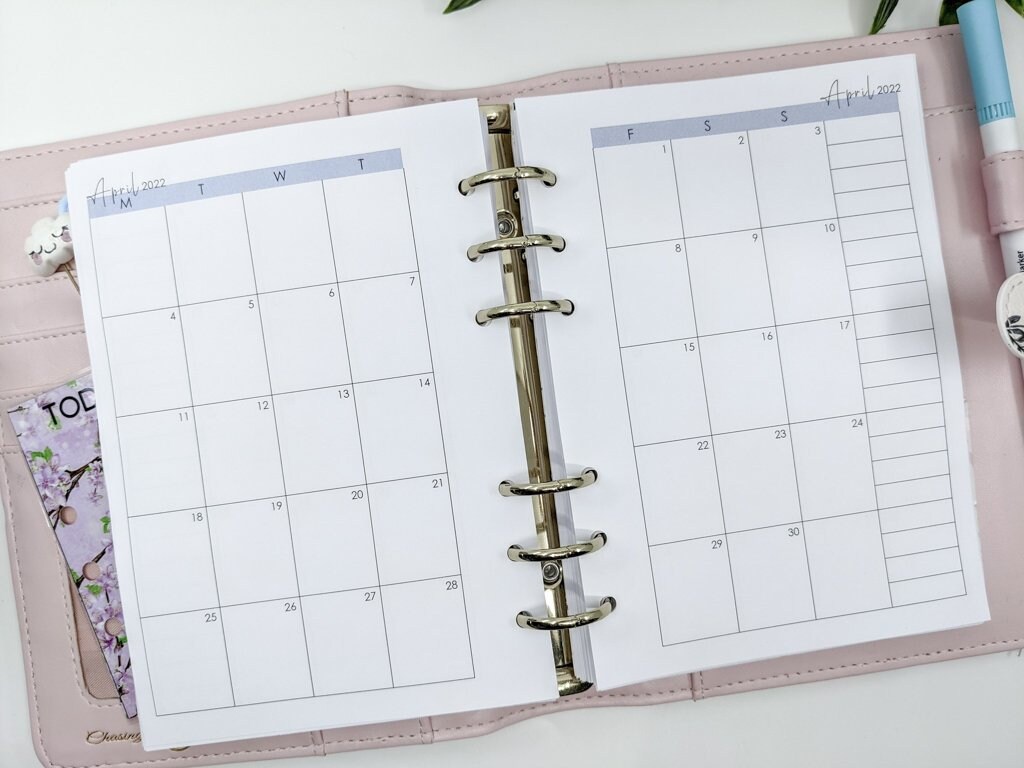 B6 Monthly Inserts | B6 Month on Two Pages Planner Inserts for Ring Planners | Fits Kikki K B6 and Planner Peace B6 planners