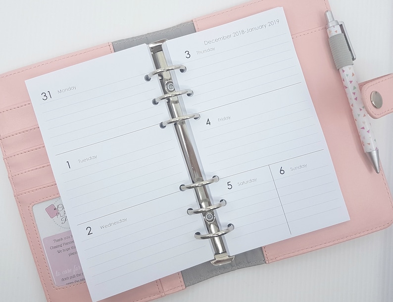 May include: A pink personal planner with a white interior and a silver binder. The planner is open to the December 2018 - January 2019 pages, with the days of the week labeled. A pen with a white and pink geometric pattern is lying on the cover.